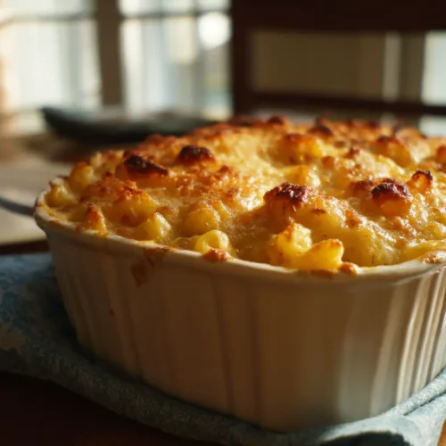A golden-brown casserole dish filled with baked mac and cheese, ready to serve