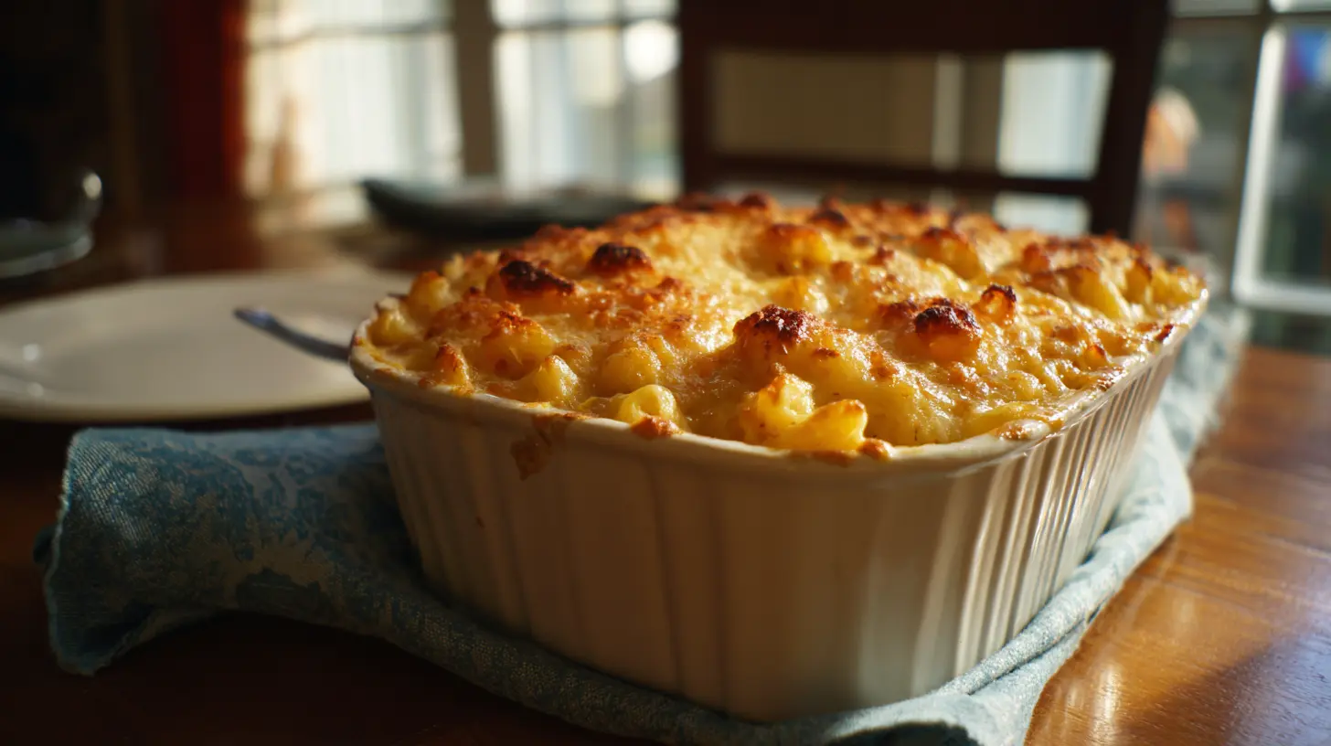 A golden-brown casserole dish filled with baked mac and cheese, ready to serve