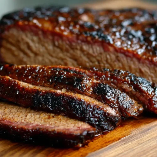 A juicy, sliced BBQ brisket with a perfect smoke ring and charred bark