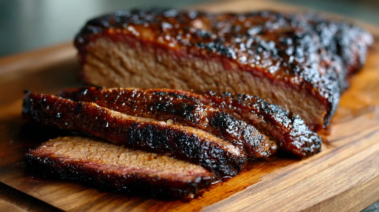 A juicy, sliced BBQ brisket with a perfect smoke ring and charred bark