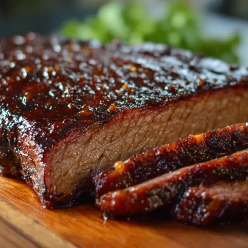 Close-up of a perfectly smoked BBQ brisket with a deep red smoke ring and bark