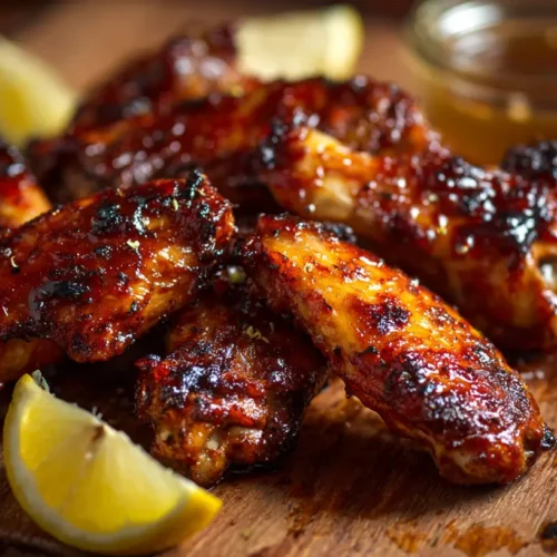 A plate of perfectly glazed BBQ chicken wings, glistening with sauce.