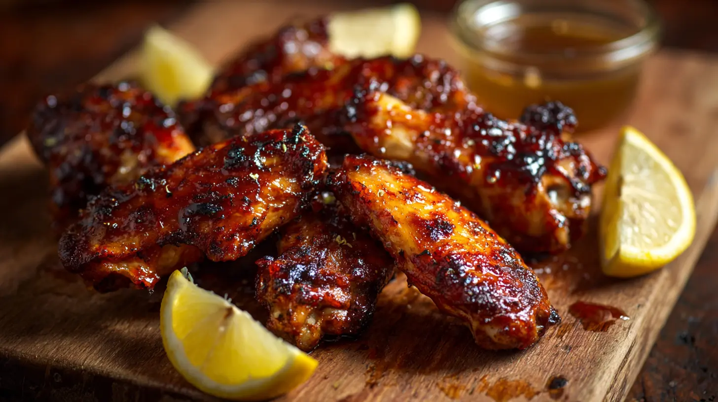 A plate of perfectly glazed BBQ chicken wings, glistening with sauce.