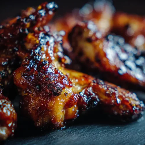 Close-up of perfectly grilled BBQ chicken wings with a smoky char on a platter.