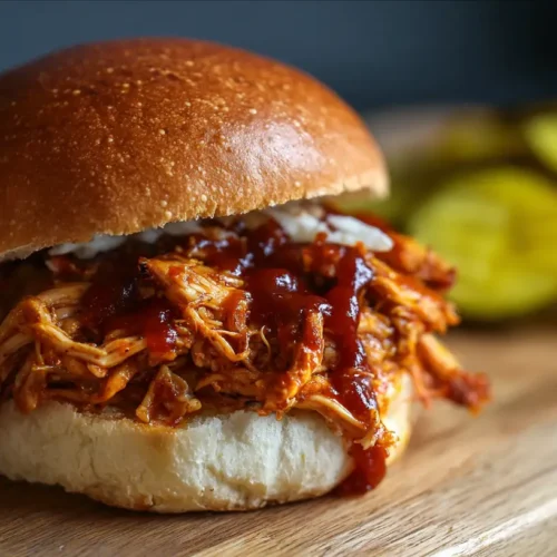 A delicious BBQ pulled chicken sandwich with coleslaw and pickles.
