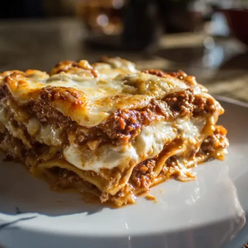 A hot dish of beef lasagna with melted cheese on top