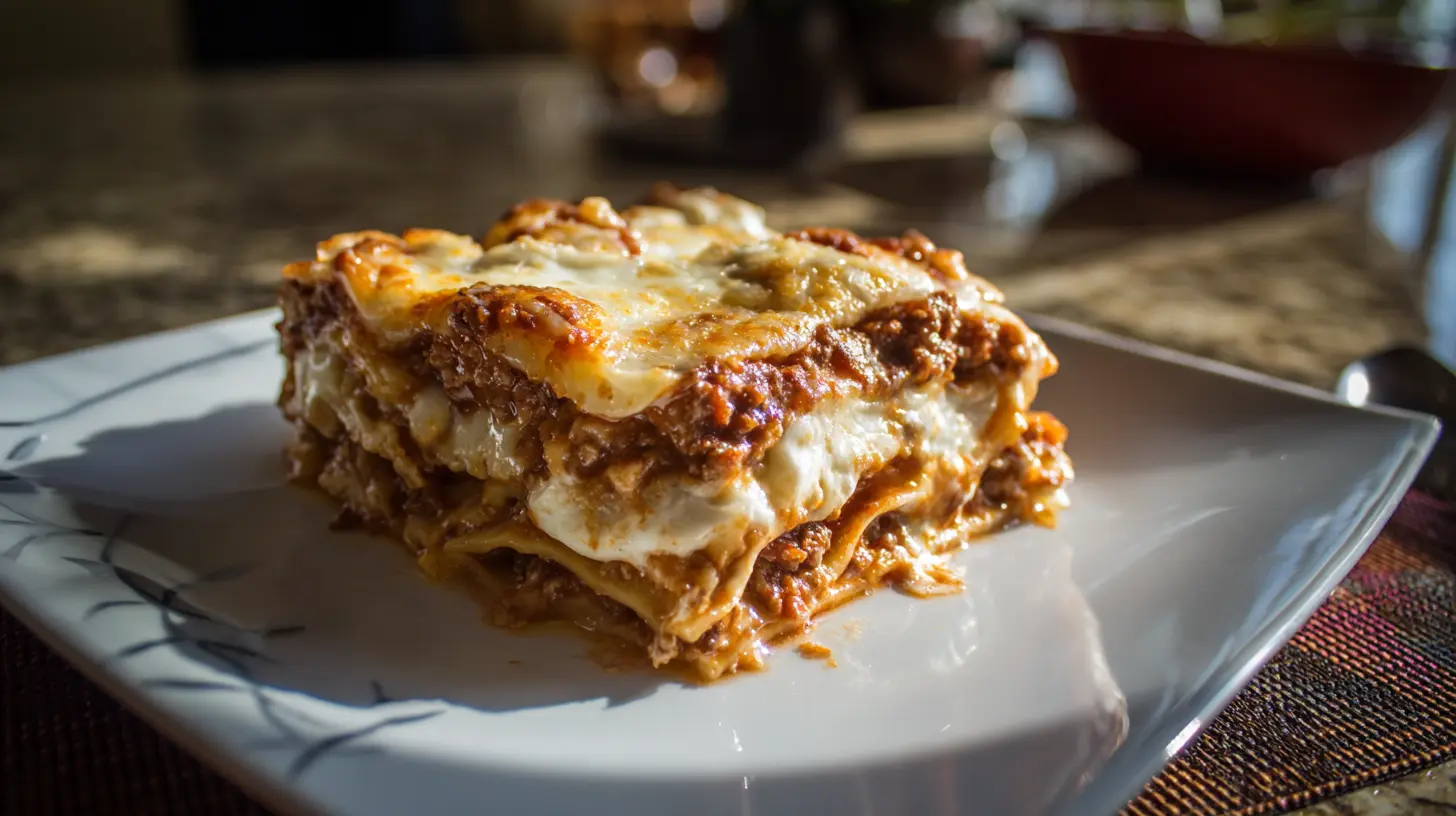 A hot dish of beef lasagna with melted cheese on top