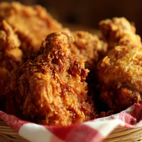 Golden brown buttermilk fried chicken pieces, perfectly crispy.
