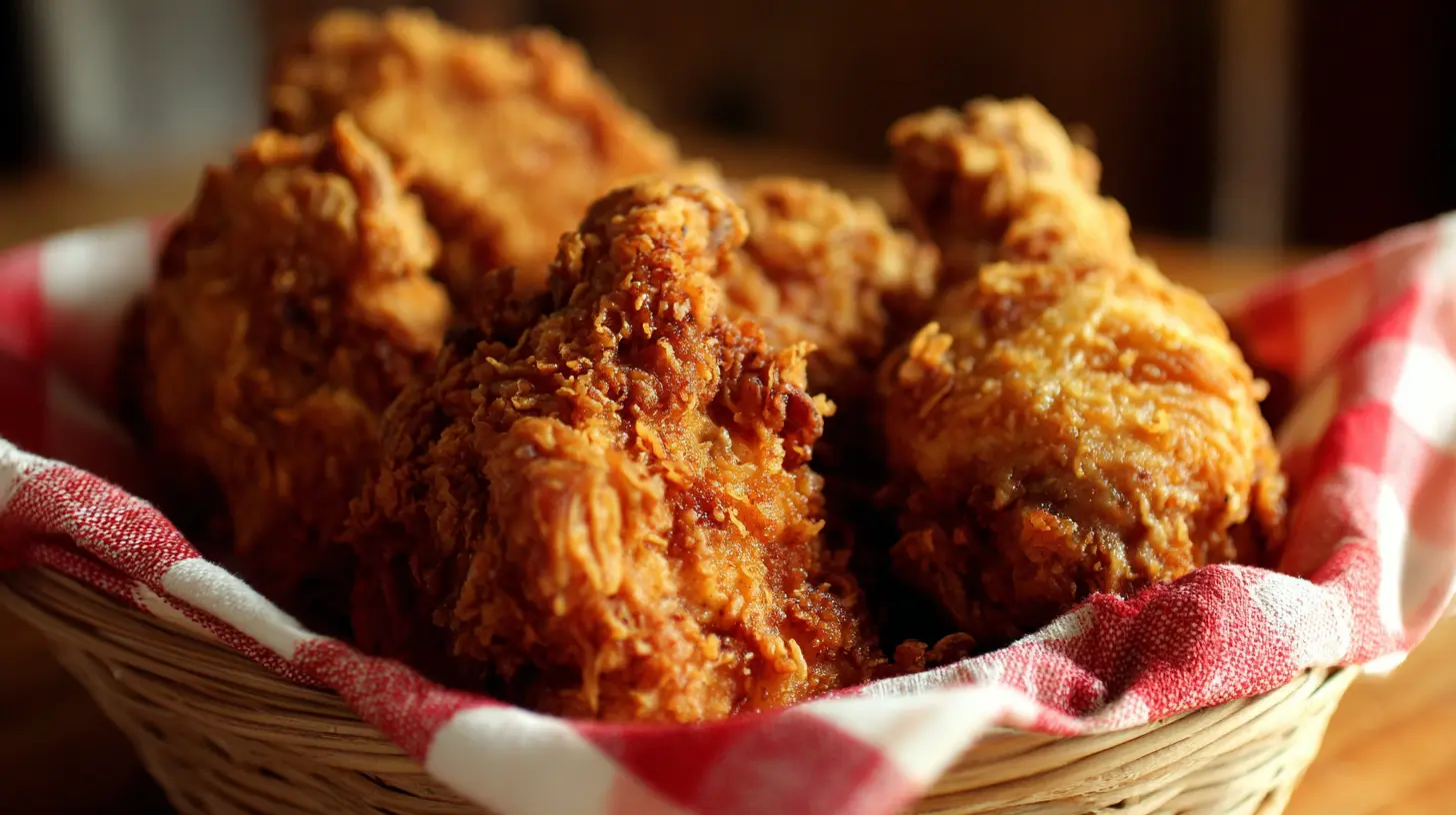 Golden brown buttermilk fried chicken pieces, perfectly crispy.