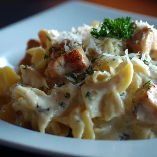 A dish of rich and savory chicken alfredo with pasta and garnish