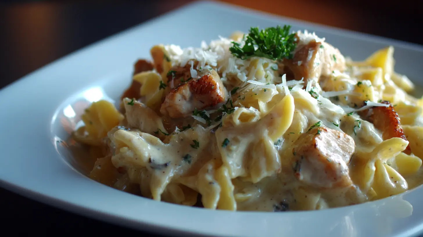 A dish of rich and savory chicken alfredo with pasta and garnish