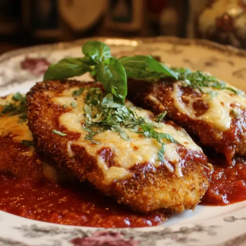 Chicken parmesan with melted cheese and marinara sauce on a plate.