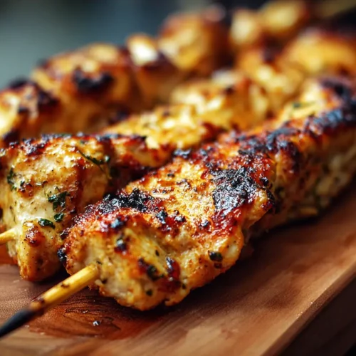 Savory chicken skewers grilled to perfection with visible char marks.