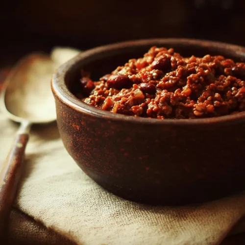 A steaming bowl of traditional chili con carne, garnished with fresh cilantro