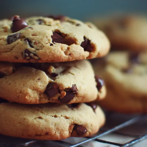 Freshly baked chocolate chip cookies on a wire cooling rack
