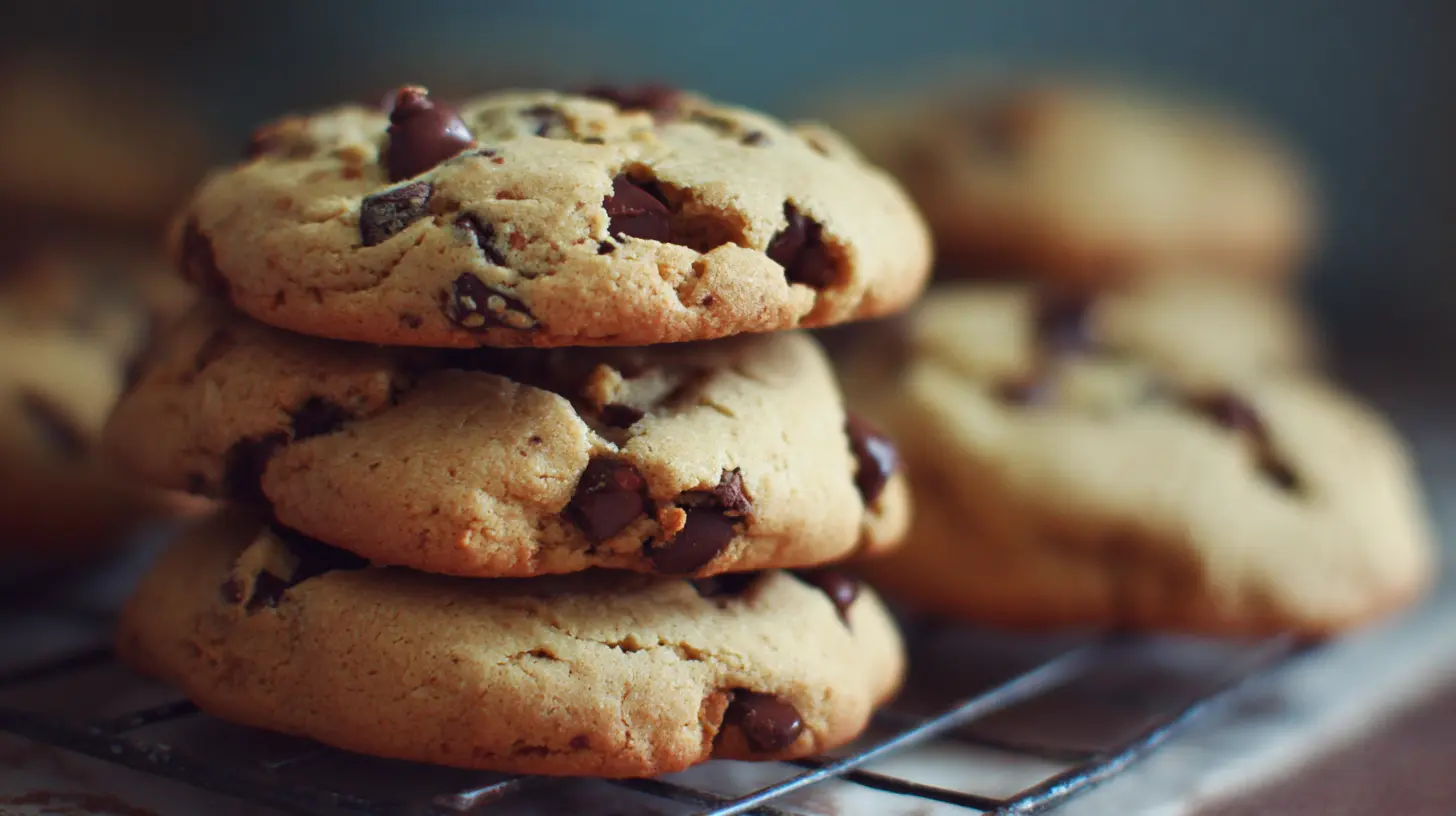 Freshly baked chocolate chip cookies on a wire cooling rack