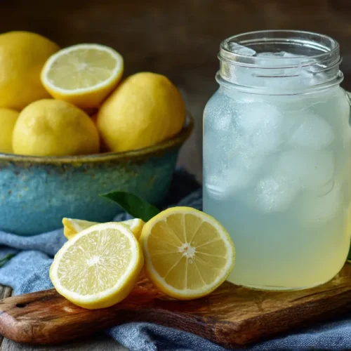 A glass full of classic homemade lemonade with fresh lemon slices and ice.