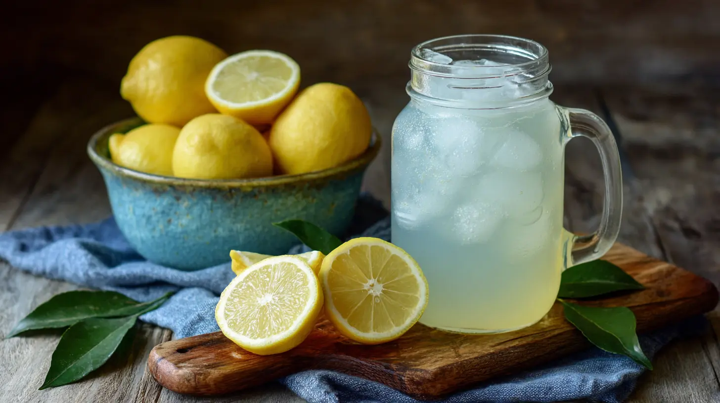 A glass full of classic homemade lemonade with fresh lemon slices and ice.