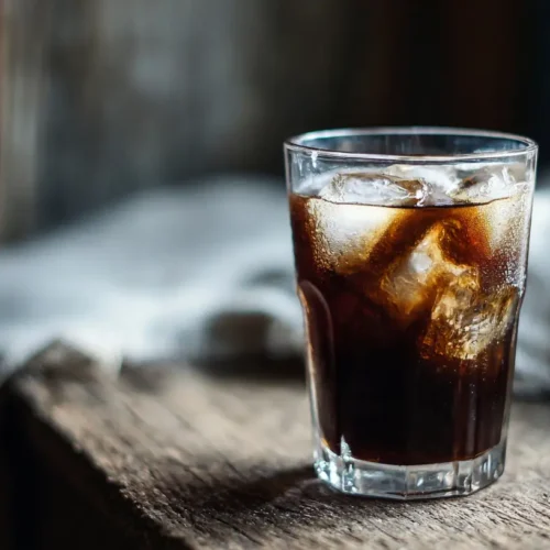 A glass of cold brew coffee with ice, showing its deep color and refreshing nature.
