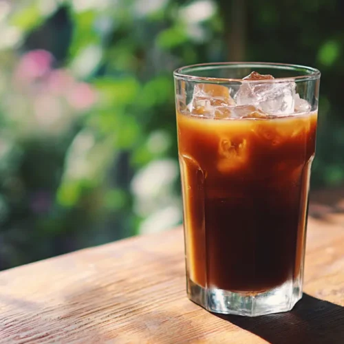 A tall glass of iced coffee with ice cubes and a straw.