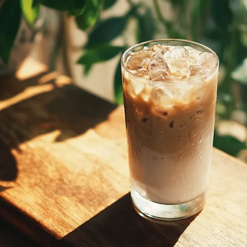 A clear glass of iced latte with visible layers of coffee and milk.