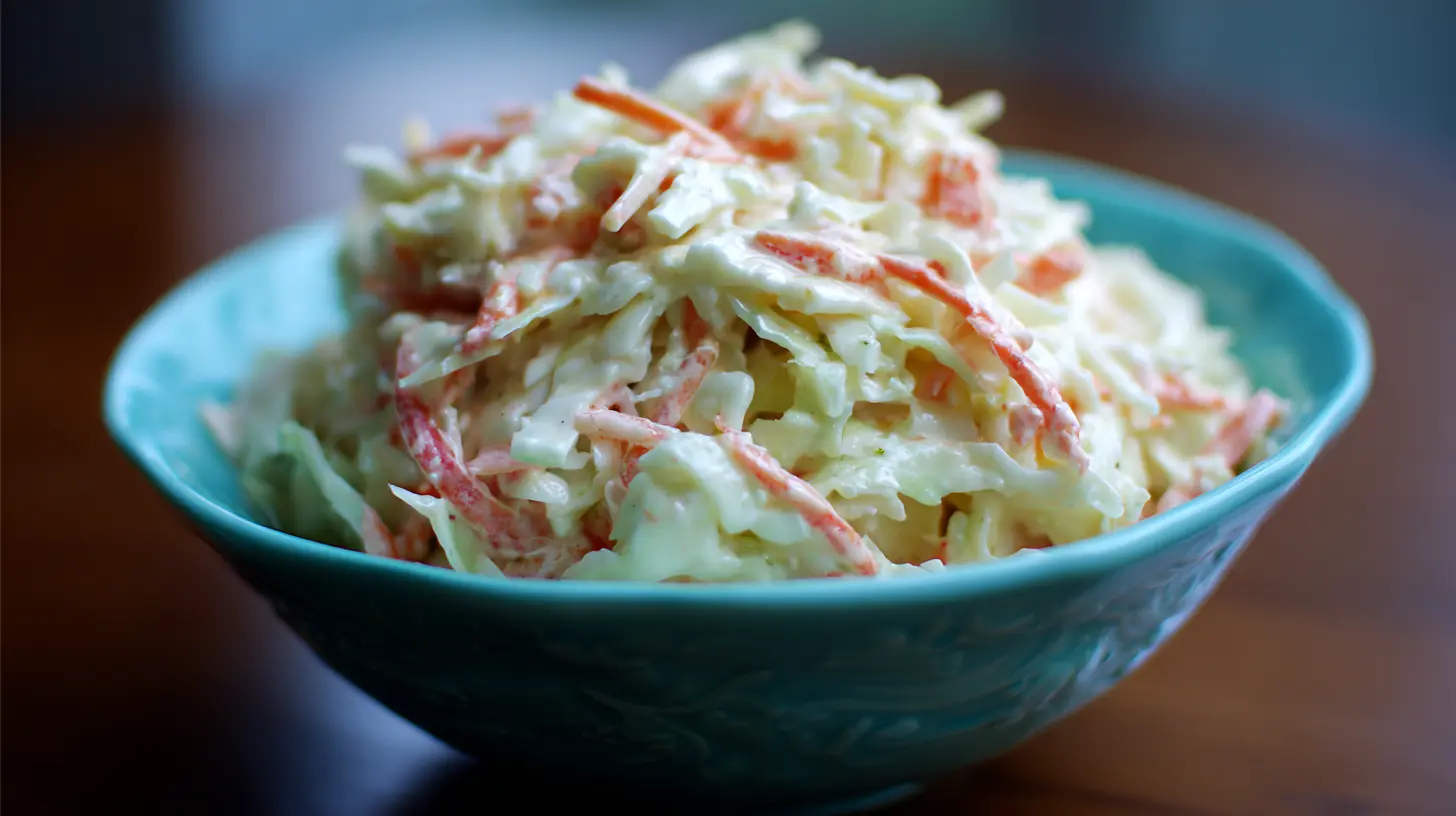 A bowl of fresh creamy coleslaw with shredded cabbage and carrots
