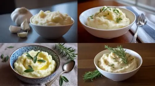 Close-up of fluffy garlic mashed potatoes in a white bowl