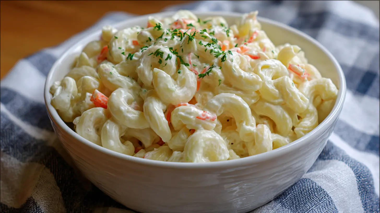 A bowl of creamy macaroni salad with vibrant vegetables.