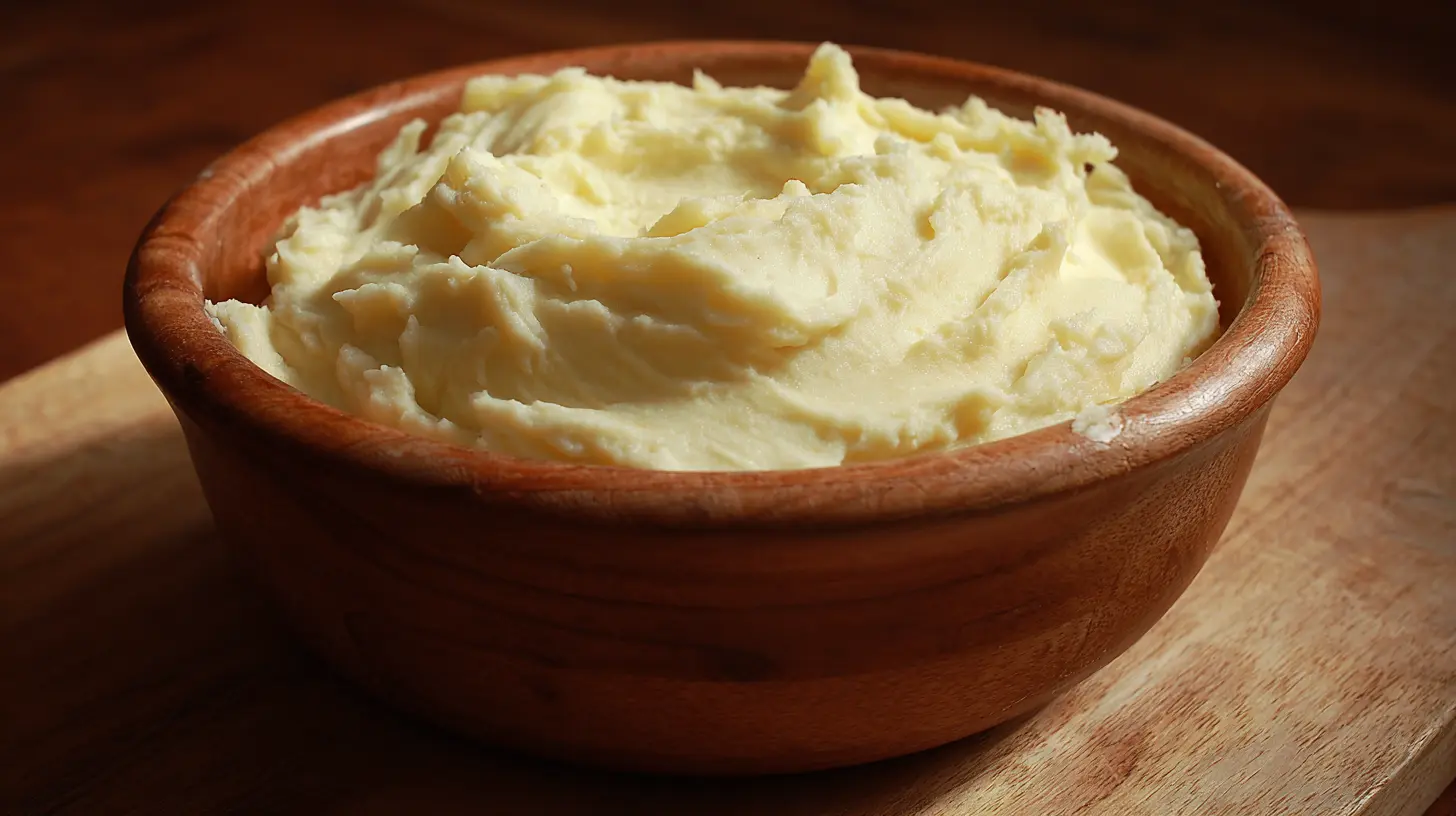 A bowl of creamy mashed potatoes garnished with herbs