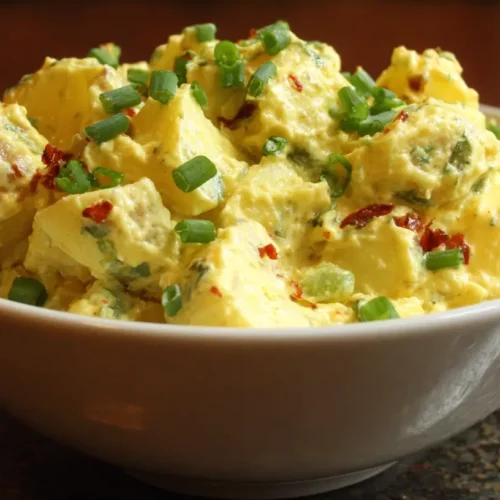 A bowl of creamy potato salad with herbs and seasoning.