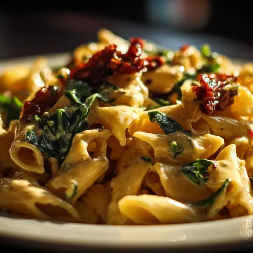 A bowl of creamy Tuscan pasta generously topped with fresh basil and parmesan.