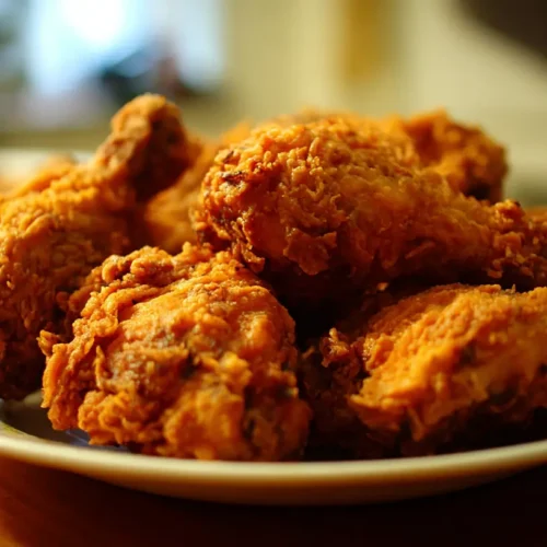 A close-up of crispy fried chicken with golden-brown skin.