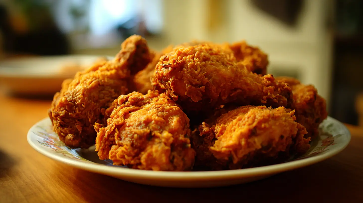A close-up of crispy fried chicken with golden-brown skin.