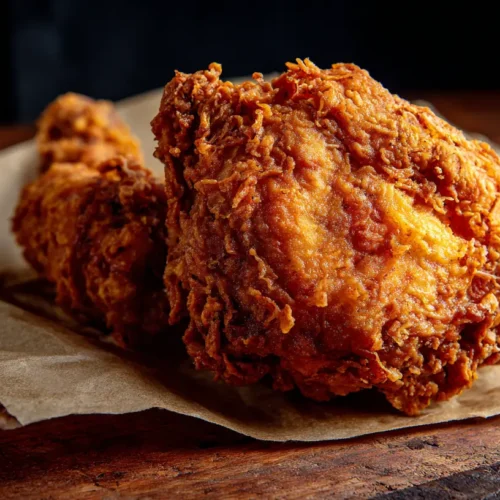 Golden brown crispy fried chicken pieces stacked on a plate