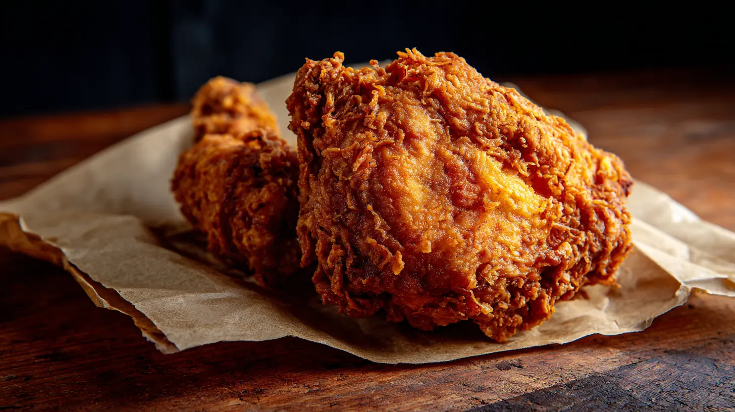 Golden brown crispy fried chicken pieces stacked on a plate