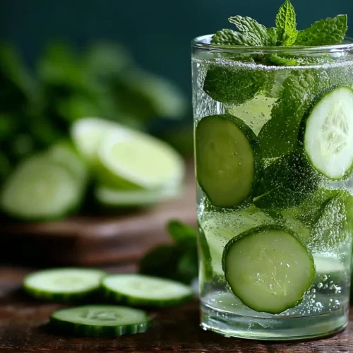 A clear glass pitcher filled with cucumber mint infused water, showing slices of cucumber and fresh mint leaves.