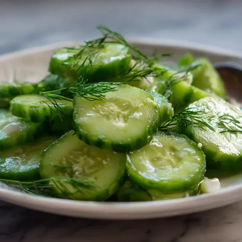 A vibrant green cucumber salad with fresh dill and onions in a bowl