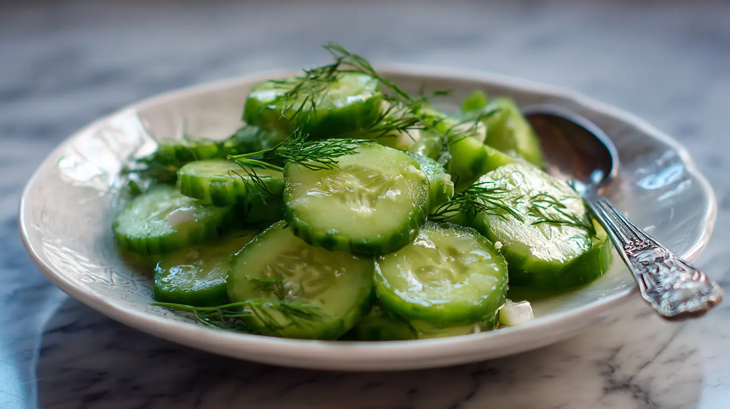 A vibrant green cucumber salad with fresh dill and onions in a bowl