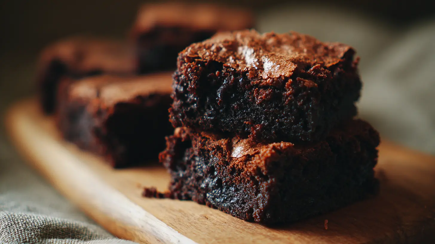 A plate of rich chocolate brownies, moist and dark.