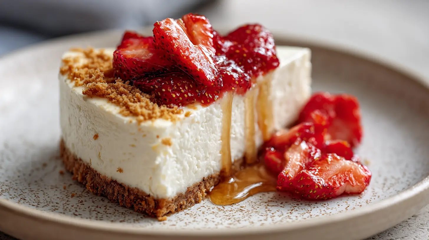 A smooth, creamy cheesecake on a white plate.