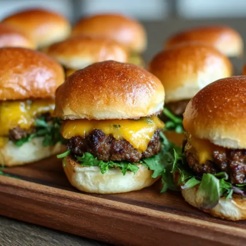 A close-up of several homemade easy cheeseburger sliders on a tray