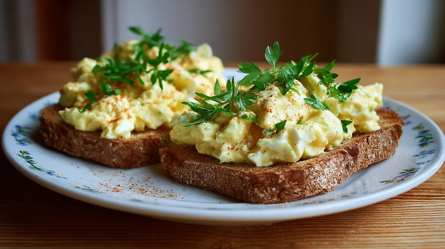 A bowl of creamy egg salad with fresh chives on top