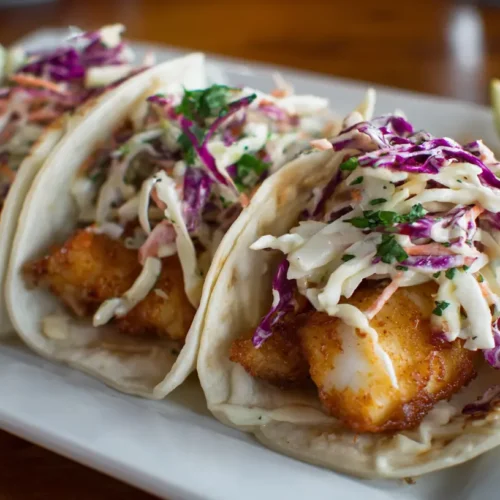 Three freshly prepared fish tacos with a vibrant coleslaw and sauce on a white plate.