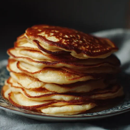 A stack of fluffy pancakes with syrup and berries.