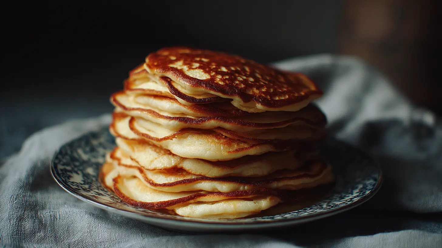 A stack of fluffy pancakes with syrup and berries.