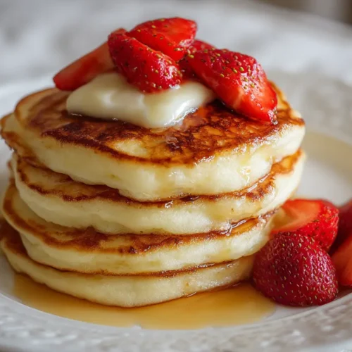 A stack of perfectly golden fluffy pancakes drizzled with syrup.