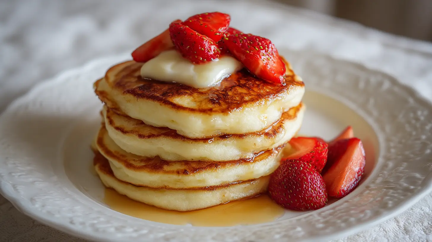 A stack of perfectly golden fluffy pancakes drizzled with syrup.