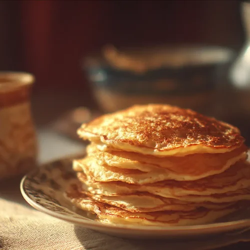 Stack of fluffy pancakes drizzled with syrup