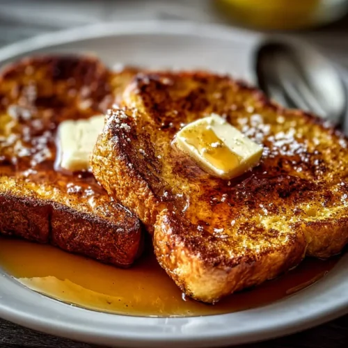 A stack of perfectly cooked French toast on a white plate.