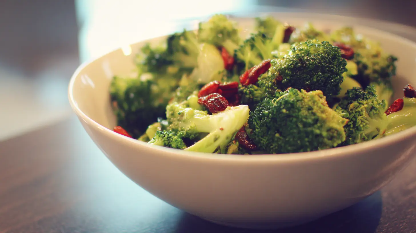 A vibrant bowl of fresh broccoli salad with various ingredients